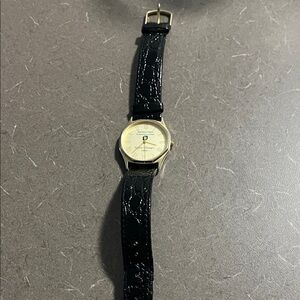 Men’s Watch with black leather strap- works 1999 Safety Champs